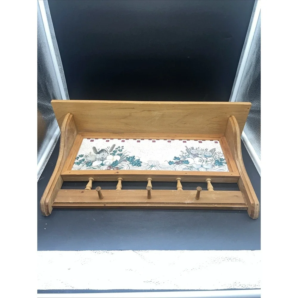 VTG Wood Framed Cottagecore Art Picture Wall Shelf Hanging Pegs Kitchen Bath
